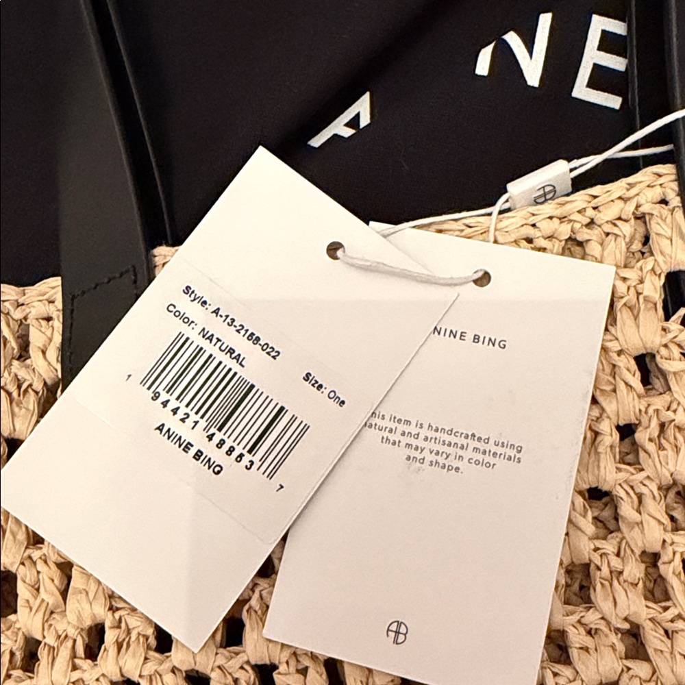 NWT ANINE BING Straw Tote Bag with Black Handles - Beige - Picture 4 of 10